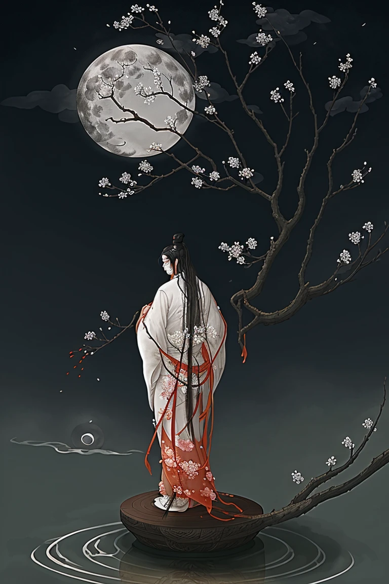 gufeng, moon, tree, solo, water, flower, branch, night, black hair, facing away, shawl, full moon, (1girl), in tree, long hair, sky, sitting, , chinese clothes, hanfu, crescent moon, male focus, standing, outdoors 