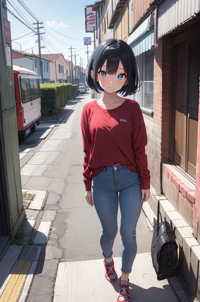 1girl, pale skin, light blue eyes, light blue hair, bob cut, plain red t-shirt, plain blue pants, red shoes, looking at viewer, full body view, from outside, city background, highres, anime, 4K, high quality, high details