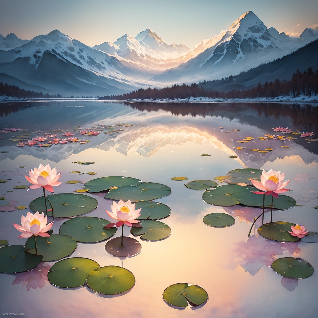 (ultra-detailed,photorealistic:1.37),(watercolor),(lotus flowers floating in a translucent pond),(snow-covered mountains reflected in the water mirror),(utilizing barrel distortion to create a sense of depth),(gorgeous sunset sky),(vividly portray from foreground to background),(spectacular backlighting from the setting sun on the snowy mountains)
