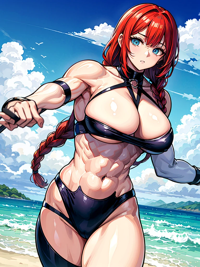 (((masterpiece、Highest image quality、highest quality、highly detailed unity 8kwallpaper)))、((Illustration of one girl))、(((beautiful girl)))、((red hair、Braid、sidelocks:1.4、blue eyes))、(((stocky build:1.5, thickset physique:1.6, muscular legs, broad shoulders:1.6, solid chest:1.5)))、swimsuit、sandy beach