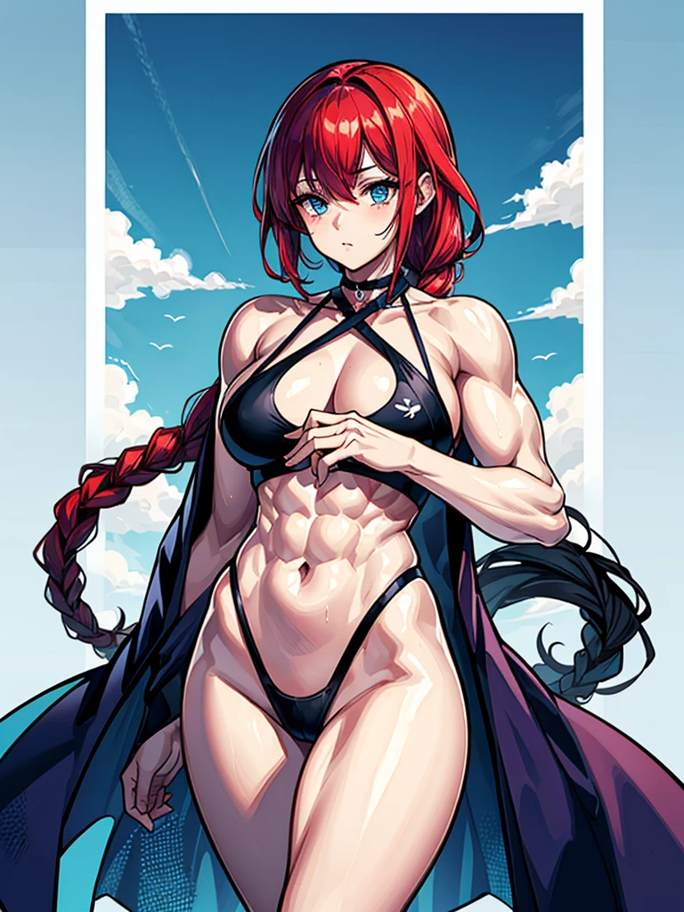 (((masterpiece、Highest image quality、highest quality、highly detailed unity 8kwallpaper)))、((Illustration of one girl))、(((beautiful girl)))、((red hair、Braid、sidelocks:1.4、blue eyes))、(((stocky build:1.5, thickset physique:1.6, muscular legs, broad shoulders:1.6, solid chest:1.5)))、swimsuit、sandy beach
