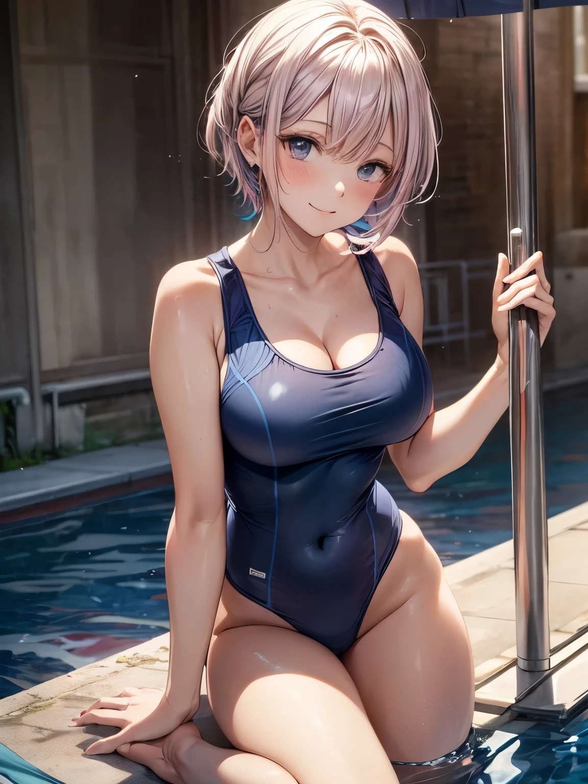 highest quality、complete limbs、full finger、Woman with pink hair、short hair woman、Beauty busty woman:1.5、(A woman wearing a navy blue one-piece school swimsuit:1.5)、bare hands、barefoot、sexy pose、big smile