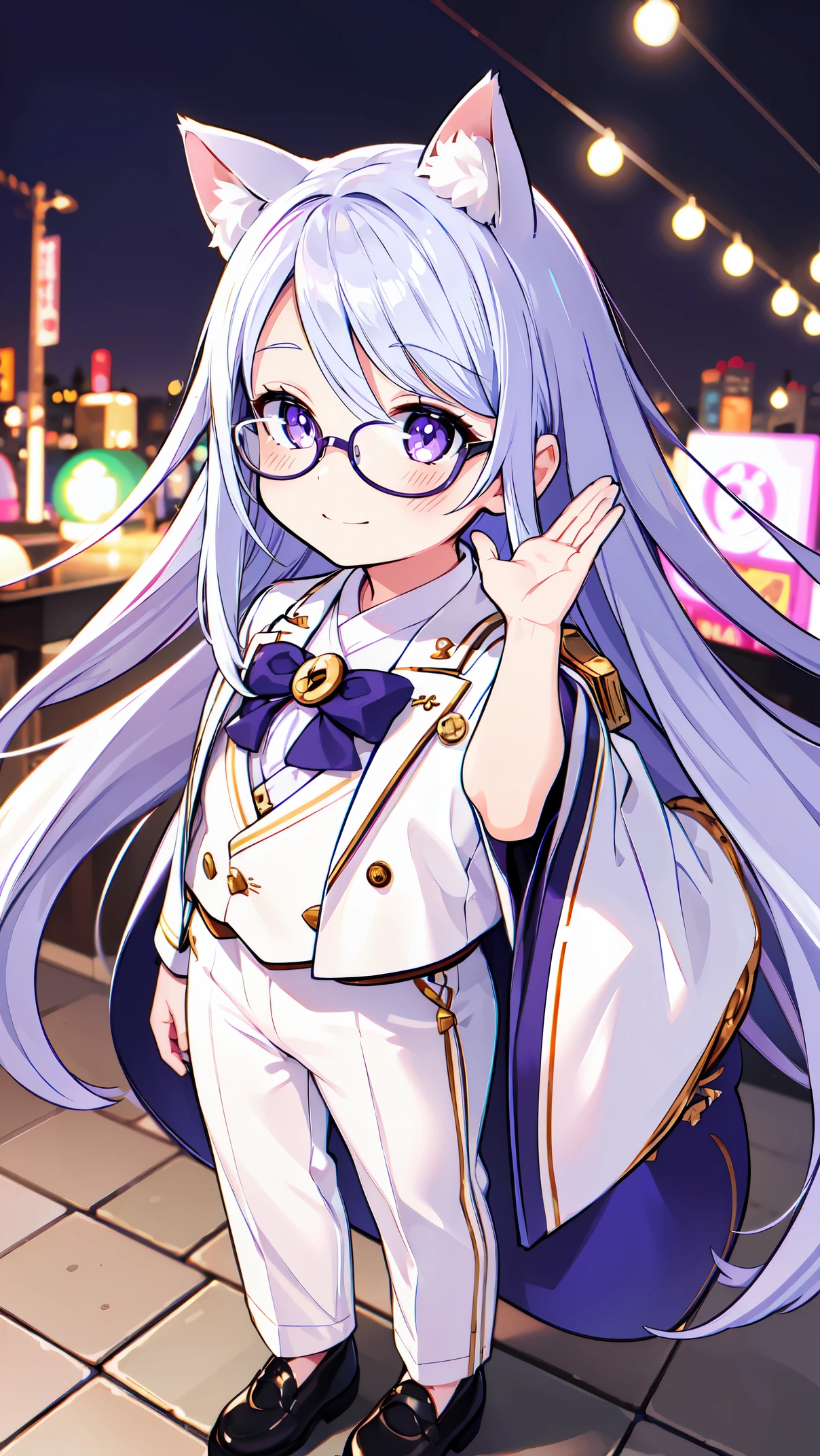 (best quality,highres,ultra-detailed,realistic),portrait,girl,white hair,very long hair,purple eyes,cat ears,smile,happiness,lamb eye,glasses,cool,elegant,white suit,white jeans,black shoes,standing,raising hand,beautiful,gorgeous,hanabi festival background,night 