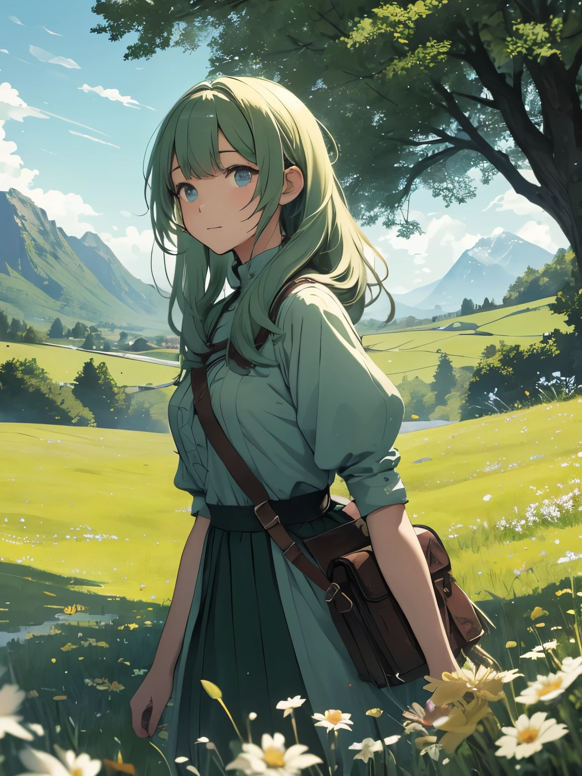 In a green meadow stands a girl leading a group of knights.
BREAK
With a brave expression, she guides them towards their destination.
BREAK
Behind her, a green forest stretches out and beyond that, mountains rise in the distance.
BREAK
The most suitable effect for this scene would be a watercolor painting technique to capture the softness of the meadow and the fluidity of the movement.
