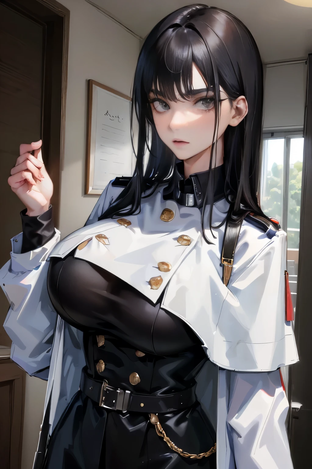 (highest resolution, clearly_image) best quality, Miss, masterpiece, high detail, semi-realistic, short black hair, black hair, Bangs, 21 years old, Shoulder length hair, Mature, young, black衣服, black, Military academy heroic figure interior background exquisite delicate facial features