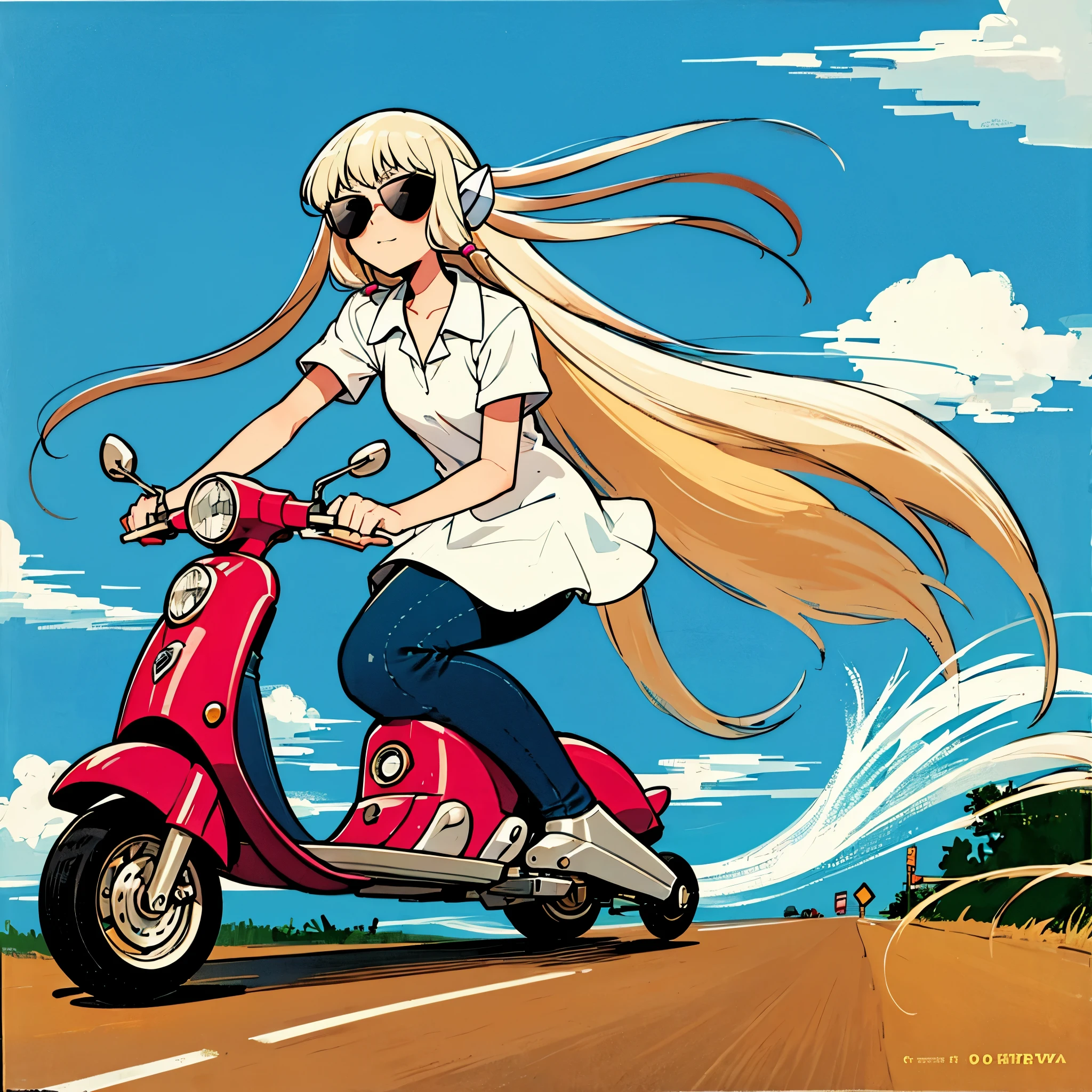 1 girl, mermaid, Riding a scooter, sunglasses, Highway, Ride along the coast