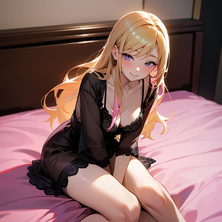 1 woman, Marin Kitagawa, 20 year old woman, beautiful Japanese woman, wife, dark pink contact lenses, long blonde hair with pink tips, wearing lacy black lingerie, smiling seductively, sitting on a bed with pink bedding, she rubbing lotion on her own thighs with her hands, she looking at me longingly, leaning forward