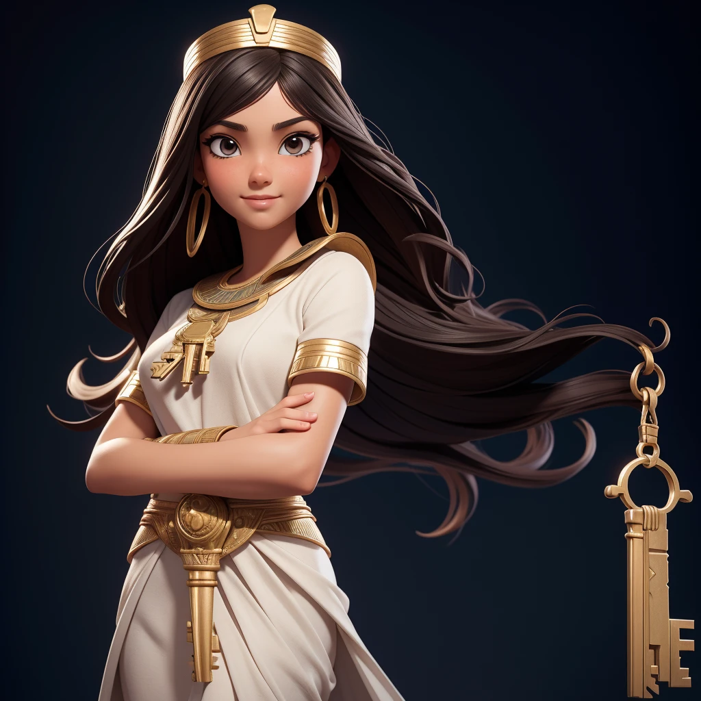 ((Masterpiece, best quality, photography, detailed skin, realistic, photo-realistic, 3D Character Design, pixar, 8k, highly detailed, full length frame, High detail RAW color art, diffused soft lighting, shallow depth of field, sharp focus, hyperrealism, cinematic lighting, close up)); Disney Pixar Movie Poster of 1 girl crossed arms, is an ancient egyptian girl dressed in an white ancient egyptian dress, holding ankg (key of life) in her hand, small crown, expression that shows grace and elegance. Focus on capturing their gorgeous black wavy hair, brunette brownish skin and stunning facial features, beautiful smile, black eyes, detailed dress, 3d render.