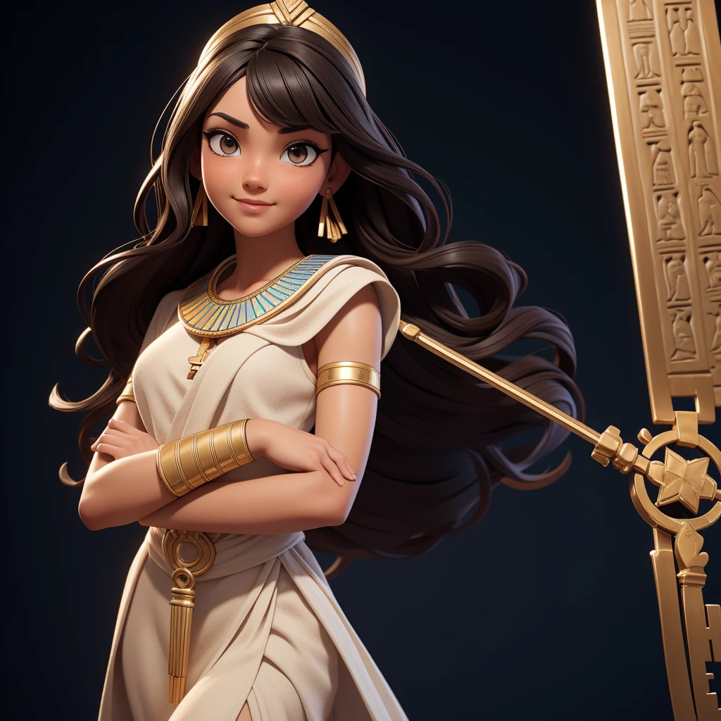 ((Masterpiece, best quality, photography, detailed skin, realistic, photo-realistic, 3D Character Design, pixar, 8k, highly detailed, full length frame, High detail RAW color art, diffused soft lighting, shallow depth of field, sharp focus, hyperrealism, cinematic lighting, close up)); Disney Pixar Movie Poster of 1 girl crossed arms, is an ancient egyptian girl dressed in an white ancient egyptian dress, holding ankg (key of life) in her hand, small crown, expression that shows grace and elegance. Focus on capturing their gorgeous black wavy hair, brunette brownish skin and stunning facial features, beautiful smile, black eyes, detailed dress, 3d render.