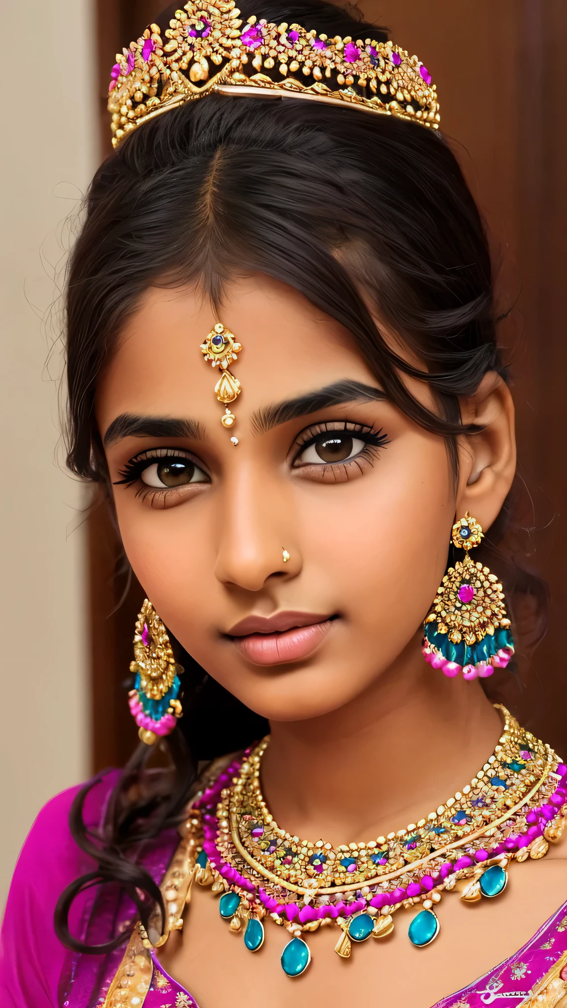 beautiful Rajasthani girl, brown_eyeeautiful slim teenage girl 30 year old, hair color [Brown highlights hair], [undercut pixie] hair)), earrings, lips, realistic, narrow waist, charming, pink lipstick, colorful makeup, long eyelashes, earrings, wearing eyeliner, fair skin, (cute), (detailed face), detailed eyes, detailed iris