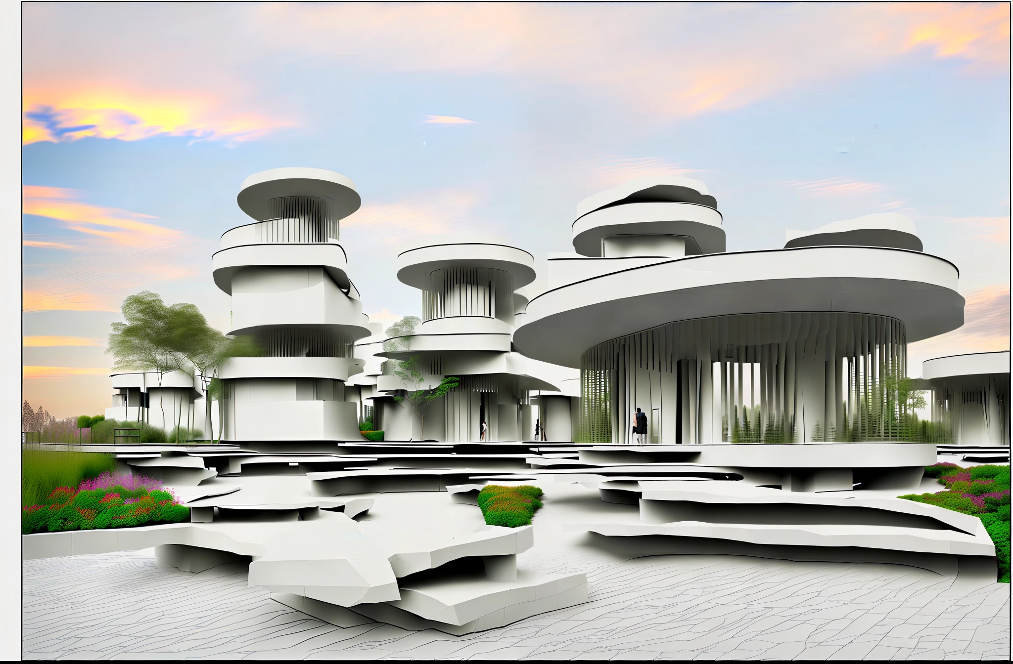 Real outdoor park scene,Real architecture,concrete,Three-dimensional stereoscopic,rendering effect,Create buildings on an island,The building as a whole cylindrical,The scene softly lit,Many plants around,There a path connecting the island to the park,Alien buildings