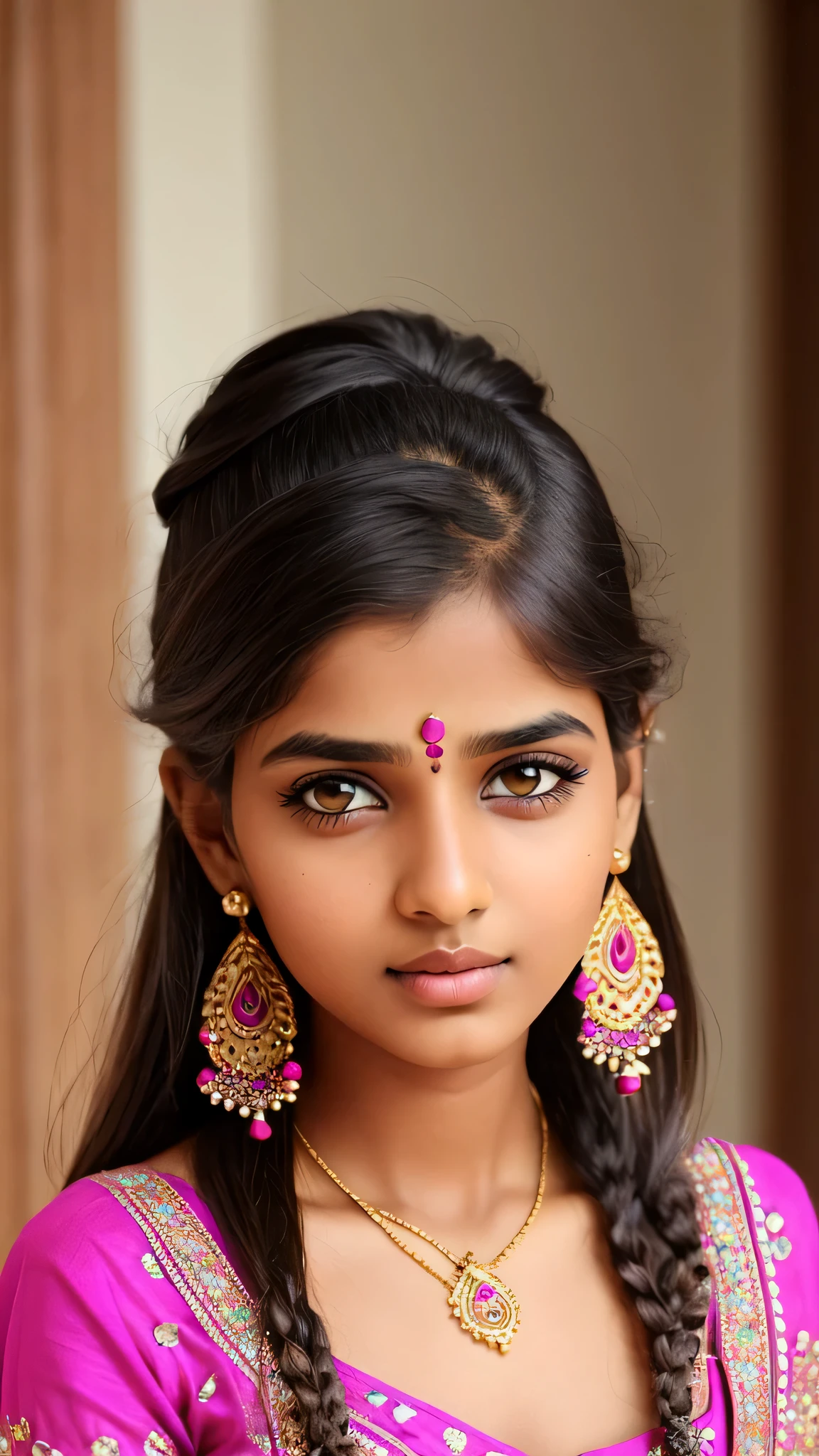 beautiful Rajasthani girl, brown_eyeeautiful slim age girl 30 year old, hair color [Brown highlights hair], [undercut pixie] hair)), earrings, lips, realistic, narrow waist, charming, pink lipstick, colorful makeup, long eyelashes, earrings, wearing eyeliner, fair skin, (cute), (detailed face), detailed eyes, detailed iris