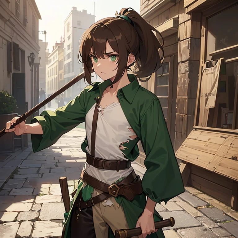 ((1 , thin boy, brown hair with a very small ponytail, green eyes)),((with torn clothes, with an open green blouse, ripped brown pants)),((with a belt, with shit )),((holding a wooden wizard's staff)),((with a tired look)),standing on a medieval street during the day