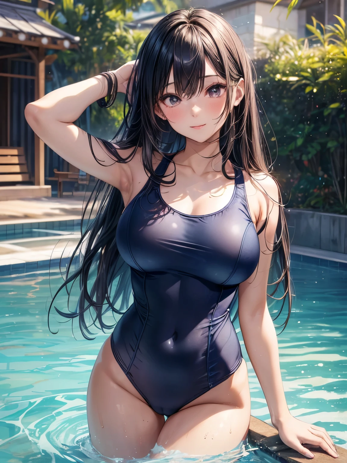 highest quality、complete limbs、full finger、black haired woman、straight hair woman、Beauty busty woman:1.5、(A woman wearing a navy blue one-piece school swimsuit:1.5)、bare hands、barefoot、sexy pose、big smile