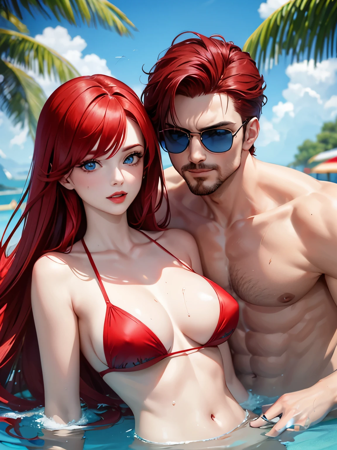 A woman with long red hair, blue eyes, and red lipstick poses in the water with a man with short red hair and blue eyes, a shaved beard, and sunglasses in the background of a water park. During the day, his face was so perfect. The details are clear. Up to 8K resolution, perfect details, perfect face.