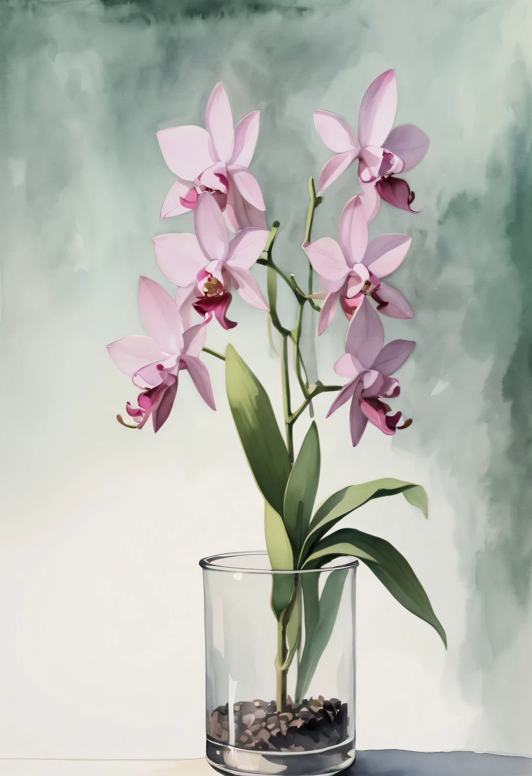 (Tall watercolor close-up, upward growing bell orchid inserted in A small glass), A small glass，lily of the valley green, white, and pink watercolor painting, minimalist, masterpiece, Pointillism, style, image, dreamlike, otherworldly, impossible, exaggerated, hazy atmosphere, enchanting atmosphere, mysterious atmosphere, Quixel Megascans rendering, Unreal Engine, high detail, Super quality, high resolution, 16k, Large close-up, beautiful lights,