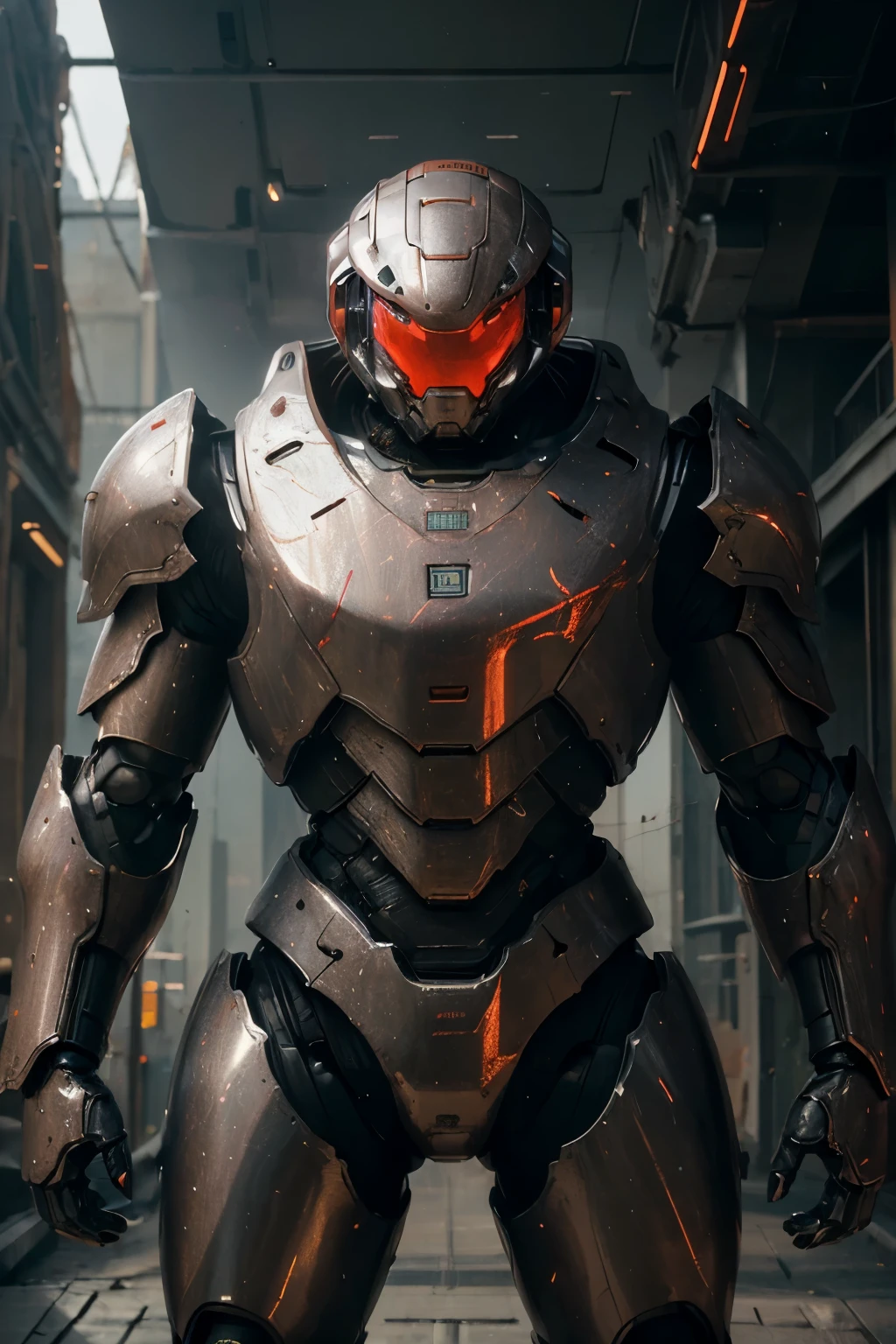 (masterpiece:1.3), (best cinematic quality:1.2), (extremely detailed setting:1), (soft+artistic lighting),  futuristic, technological, city scenery with (robots around)0.4], giving dramIn a museum, I saw an armor, the armor was made of red steel, it looked worn out, after I looked again, the armor contained great power, a blue aura came out of the armor