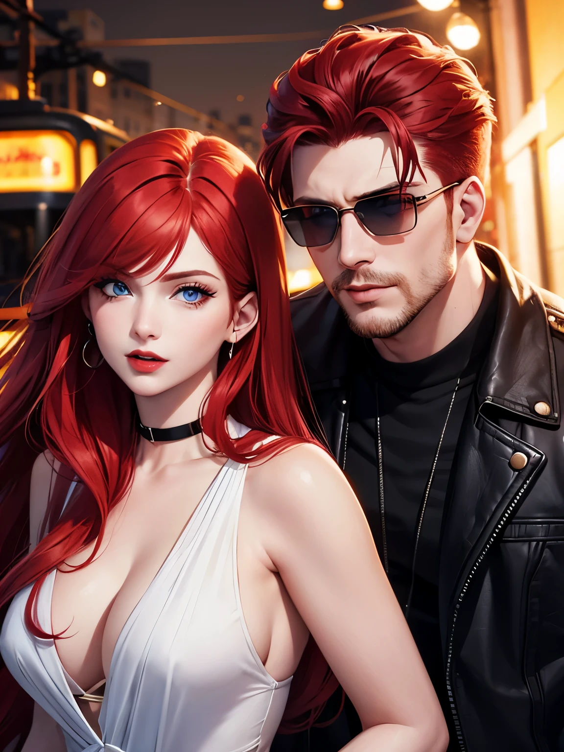 A woman with long red hair, blue eyes, and red lipstick poses with a man with short red hair and blue eyes, a shaved beard, and sunglasses in the backdrop of a cable car. At night, his face was so perfect. The details are clear. Up to 8K resolution, perfect details, perfect face.
