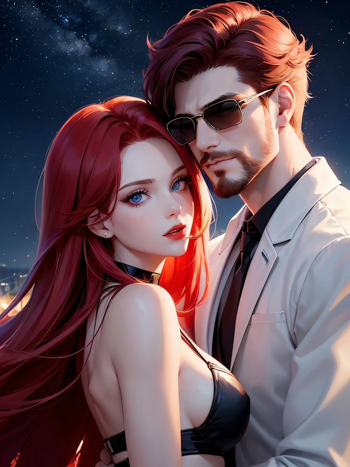 A woman with long red hair, blue eyes, red lipstick hugs and kisses a man with short red hair and blue eyes, shaves his beard, and wears sunglasses. Posing in the starry sky at night, his face was so perfect. The details are clear. Up to 8K resolution, perfect details, perfect face.