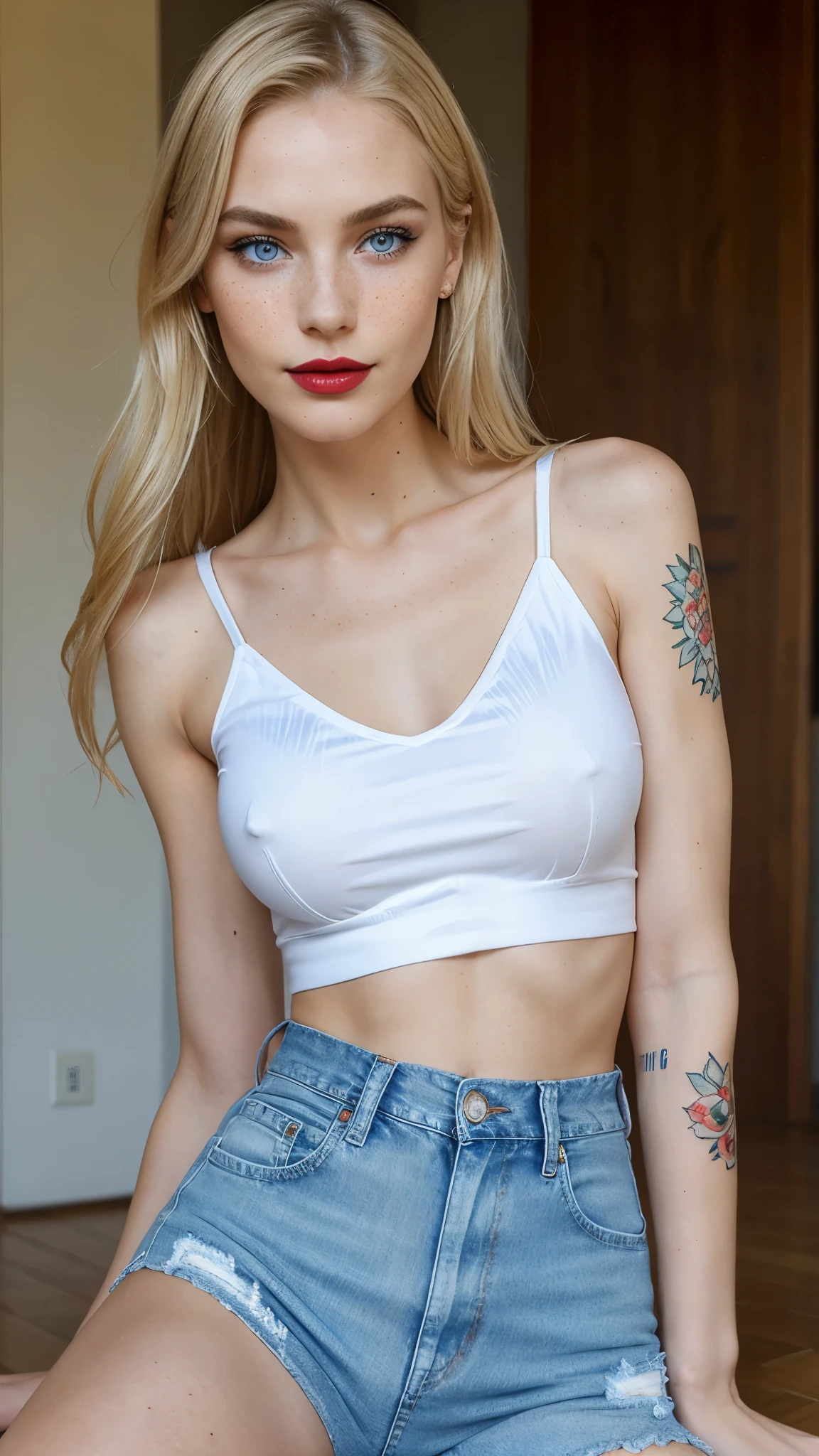 Beautiful skinny girl, elongated face and thin chin, freckles, blonde, blue eyes, red lipstick, beautiful makeup, white skin, tattoo written on the forearm, beautiful patterned top, denim shorts, just face
