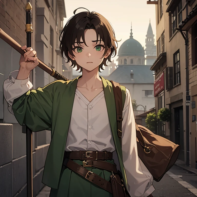 ((1 young boy, brown messy hair, green eyes)),((with an open green blouse, ripped brown pants)),((with a belt, with shit)),((holding a wizard's staff madeira)),((with a tired look)),on a medieval street during the day