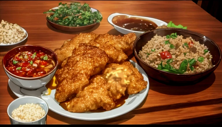 gyoza on one plate、Shark fin rice on the second plate、Deep-fried young chicken is placed on the third plate.。
