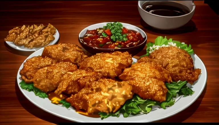 gyoza on one plate、Shark fin rice on the second plate、Deep-fried young chicken is placed on the third plate.。