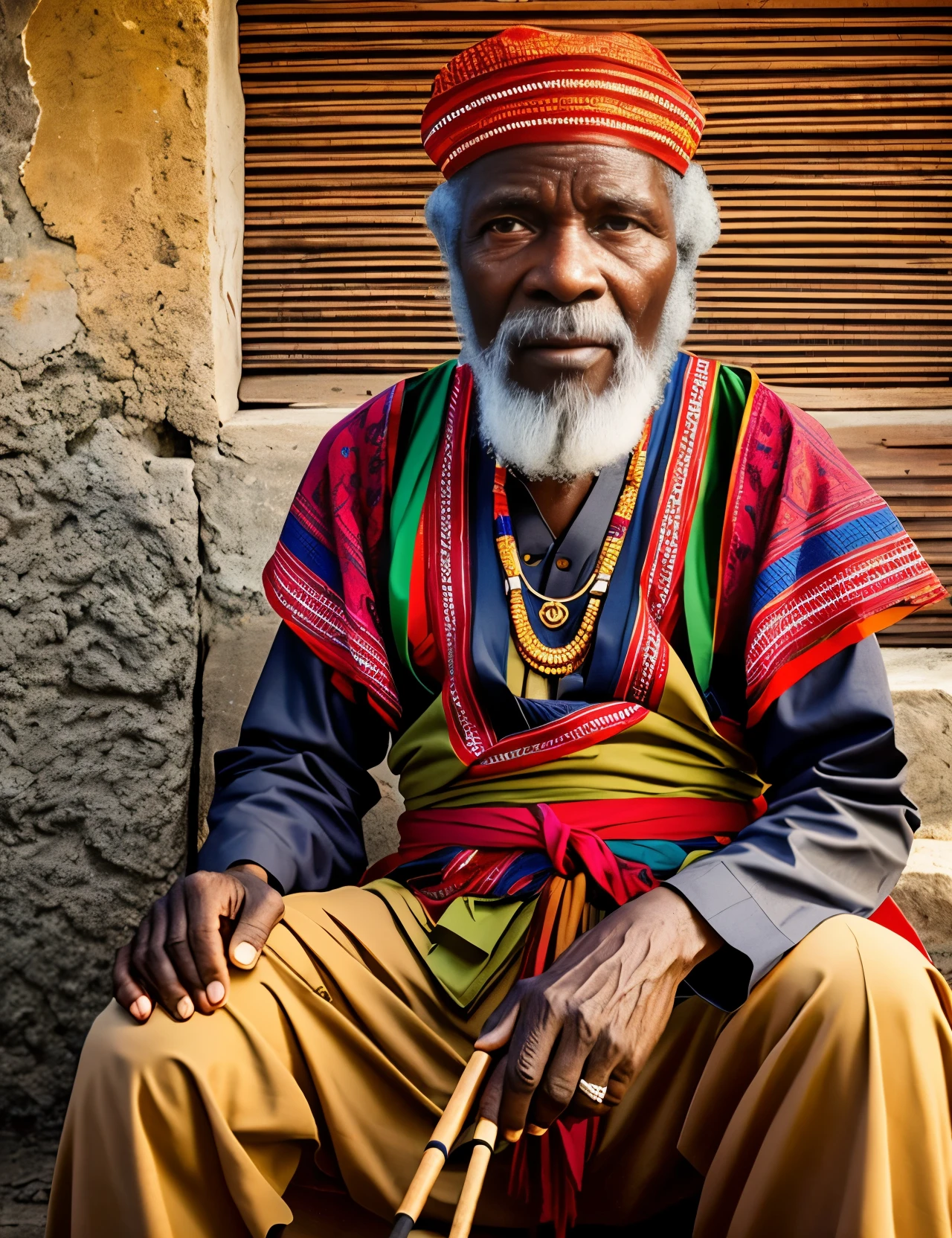 An old African Nigerian village elder, sitting in front of his house, wearing traditional dress, smoking a pipe and contemplating the glow of dusk. (8k resolution, realistic photo) --auto --s2