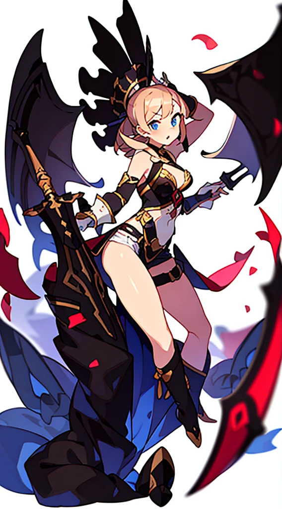 stand posture, cute eyes, 1girl, solo, high fantasy cloth, ((white background)), full body, holding weapon, thong,