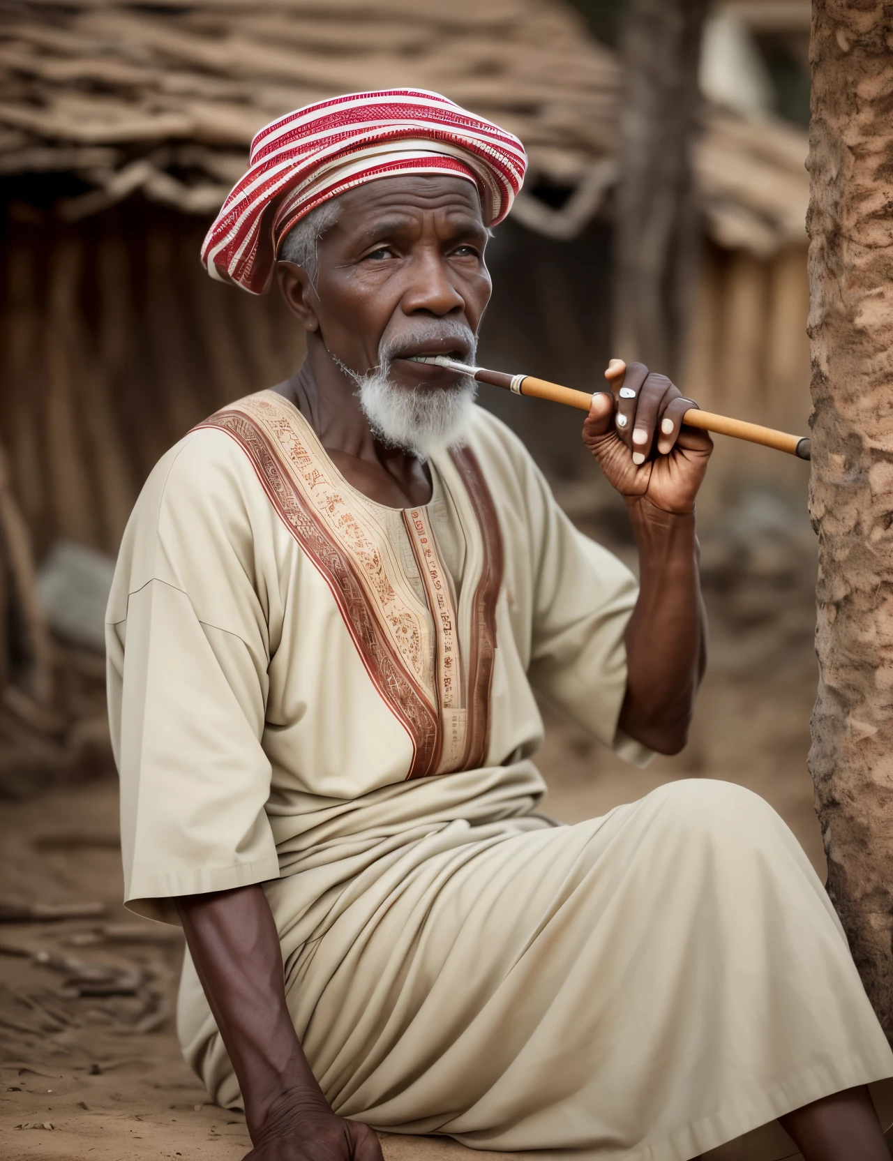 An old African Nigerian village elder, sitting in front of his house, wearing traditional dress, smoking a pipe and contemplating the glow of dusk. (8k resolution, realistic photo) --auto --s2