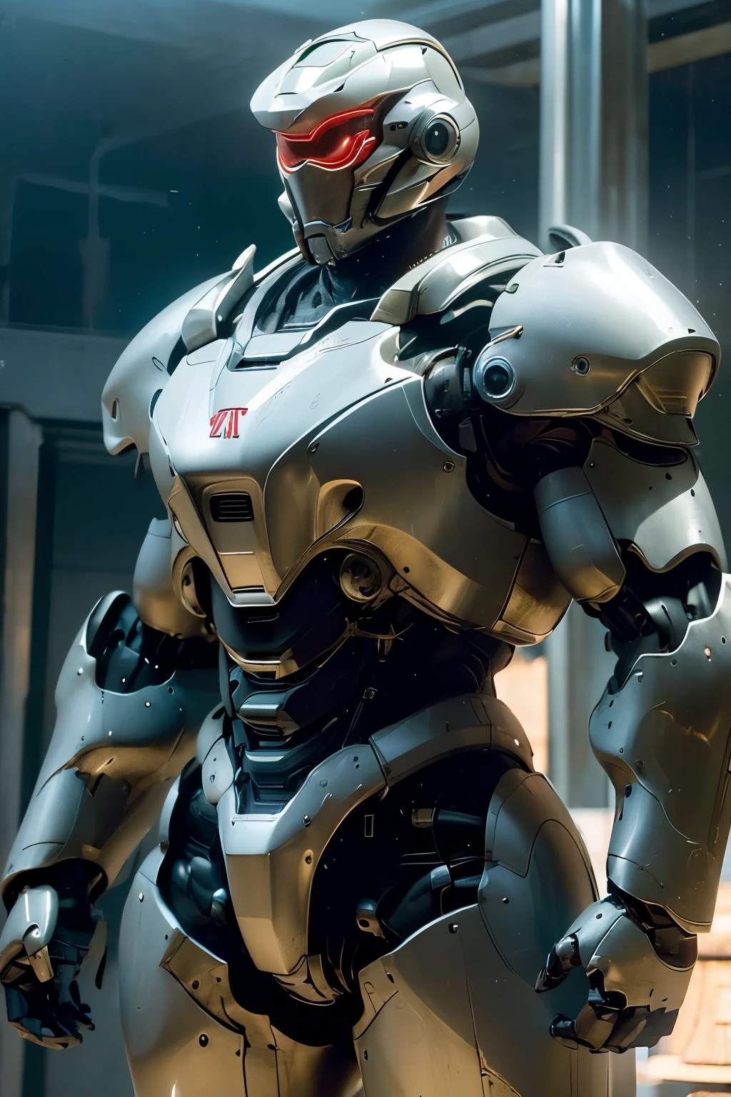 (masterpiece:1.3), (best cinematic quality:1.2), (extremely detailed setting:1), (soft+artistic lighting),  futuristic, technological, city scenery with (robots around)0.4], giving dramIn a museum, I saw an armor, the armor was made of red steel, it looked worn out, after I looked again, the armor contained great power, a blue aura came out of the armor