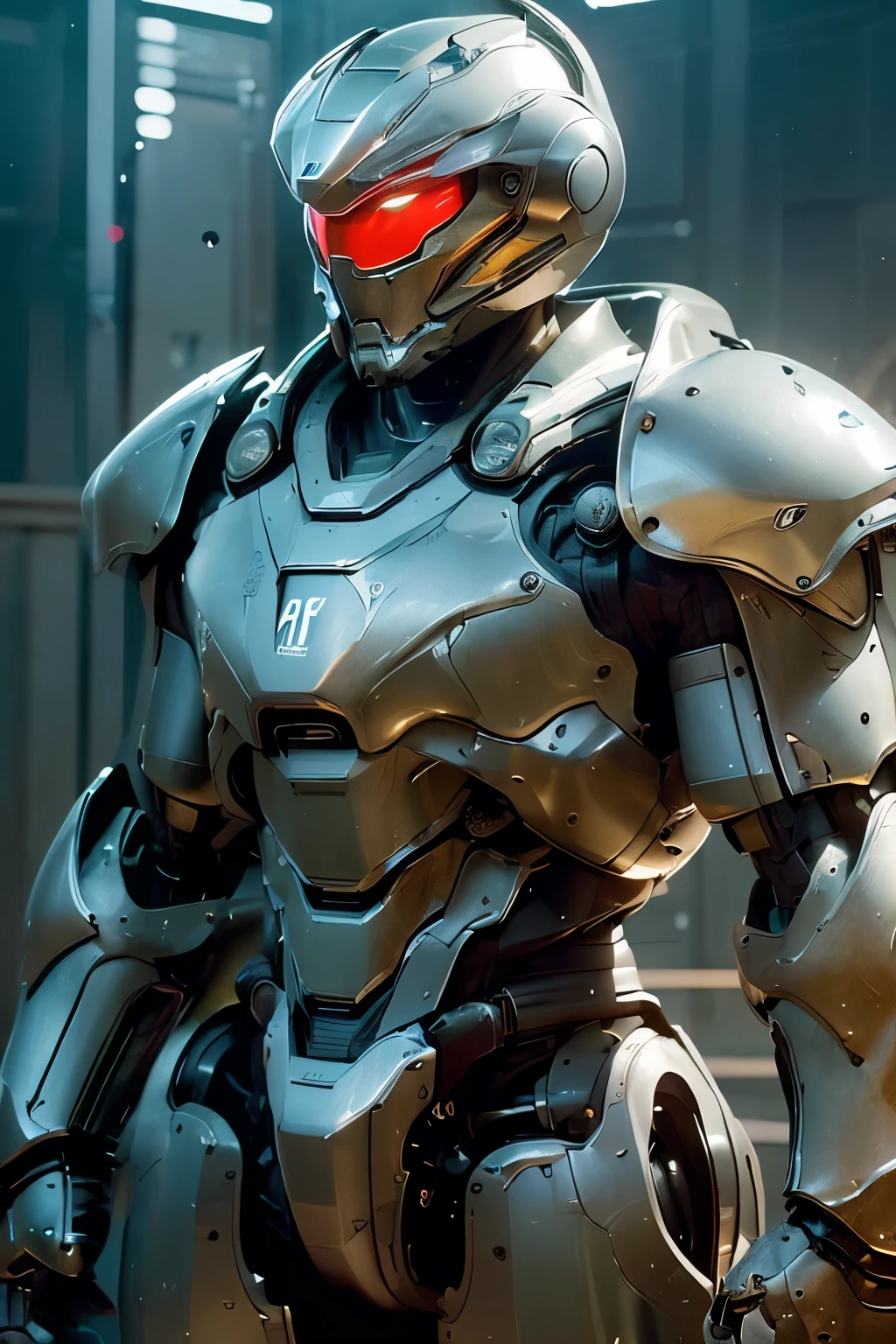 (masterpiece:1.3), (best cinematic quality:1.2), (extremely detailed setting:1), (soft+artistic lighting),  futuristic, technological, city scenery with (robots around)0.4], giving dramIn a museum, I saw an armor, the armor was made of red steel, it looked worn out, after I looked again, the armor contained great power, a blue aura came out of the armor