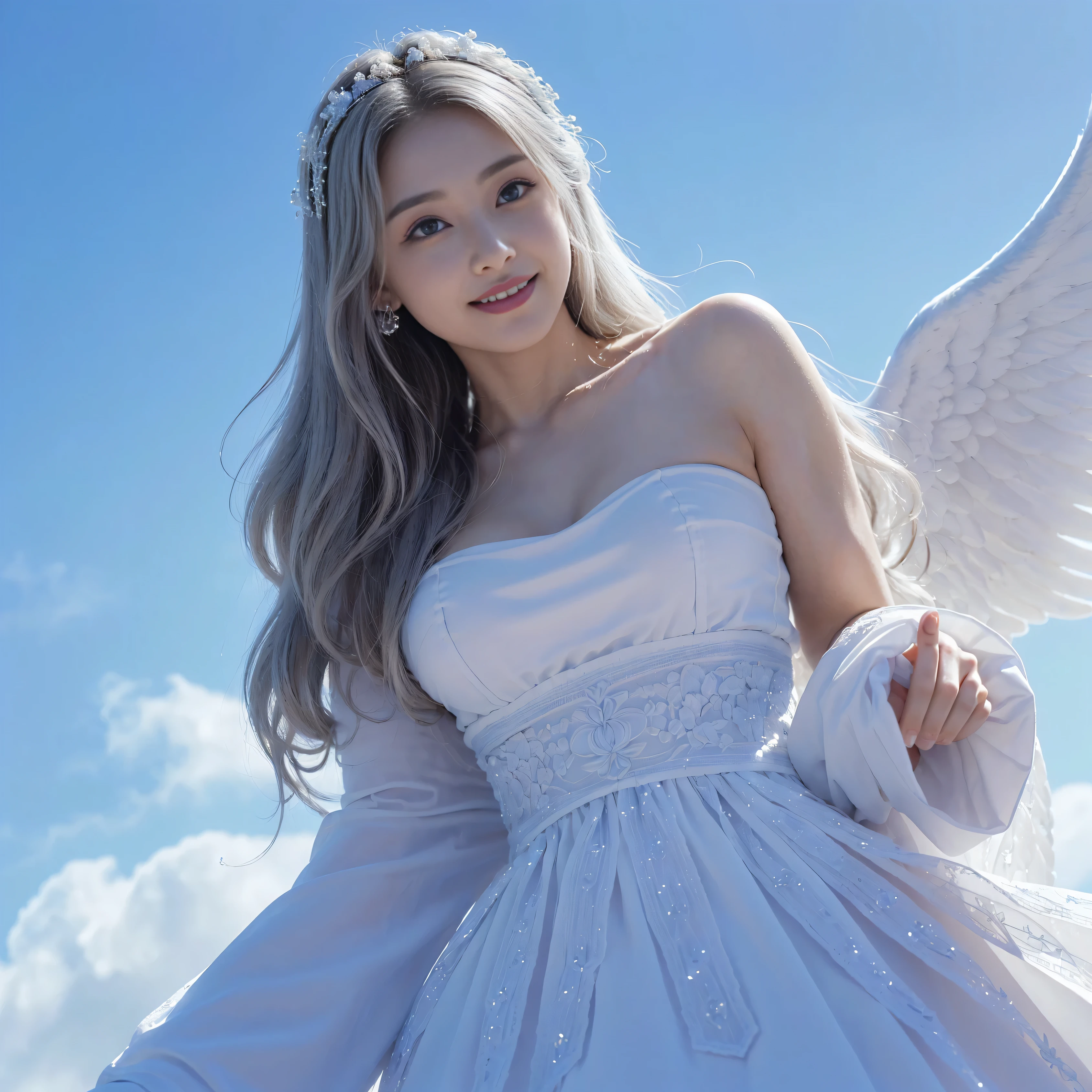 (((muste piece、highest quality、extremely complex and detailed depiction)))、((Very beautiful angel queen、motherly smile、Mother、Beautiful smile、Final Form as the Perfect Angel、god々々、king of angels、The most dignified angel、angels soar from the sky、Graceful and classy pose、beautiful blue sky background、Blue sky and detailed clouds in the background、The control is、god聖な柔らかな光に包まれた天使たち、god聖な逆光、Angels descending from the blue sky、The most classy white dresses、very noble、Sophisticated、first-class、Against the backdrop of a beautiful sky、Composition looking up from below、An angel descended from the sky、The most profound pure white princess dress、 first-classのネックレス、artistic decoration、An intricate and solemn dress of an angelic masterpiece、white decorative dress,giant princess dress,The most majestic form of an angel,The most intricately drawn angel figure,An angel with a clear shine,god々々emits a bright white glow、god聖で複雑な輝きに満ちており、the most beautiful in the world,unimaginable beauty,god聖な雰囲気,the most intricate and beautiful dresses,Accurate reproduction of perfect angelic details,An unimaginably gorgeous angel,An unimaginably huge angel),((the most beautiful face,half japanese and half spanish,A smile of maternal kindness,beautiful wavy hair,the most luxurious and intricate dresses,stare at the camera、muste piece,8K,very complex and super detailed))