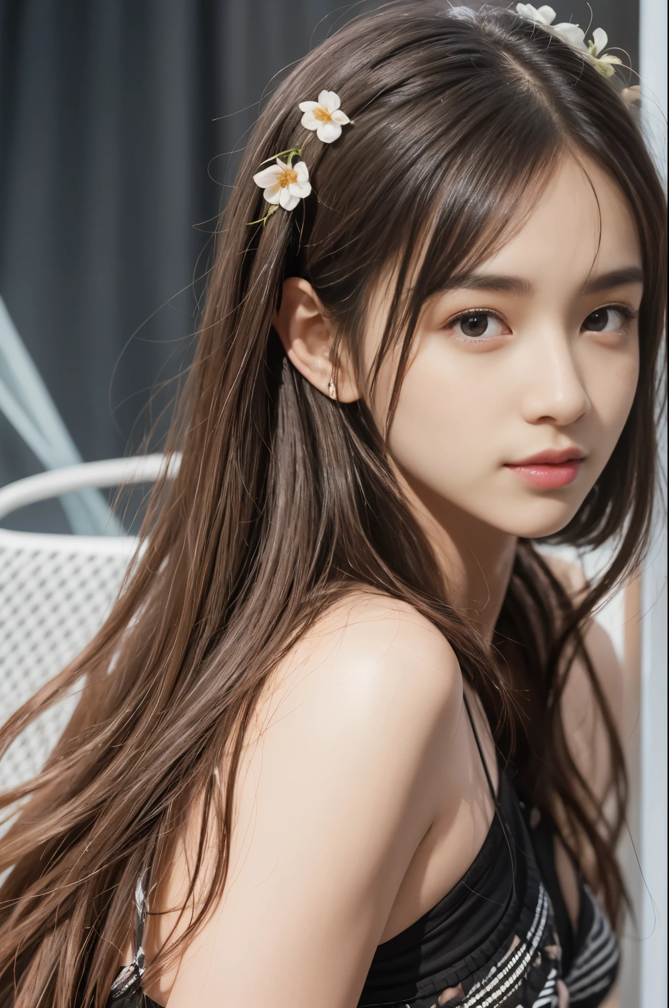 (8K、Live shooting、realistic:1.25)、1 girl、14 year old woman with a beautiful face、Floating in the air and looking down、Has insect-like transparent wings、transparent feathers、blonde、white feather swimsuit、clear white skin、shy smile、whole body、lip gloss、Glossy skin、highest quality、ultra high resolution、