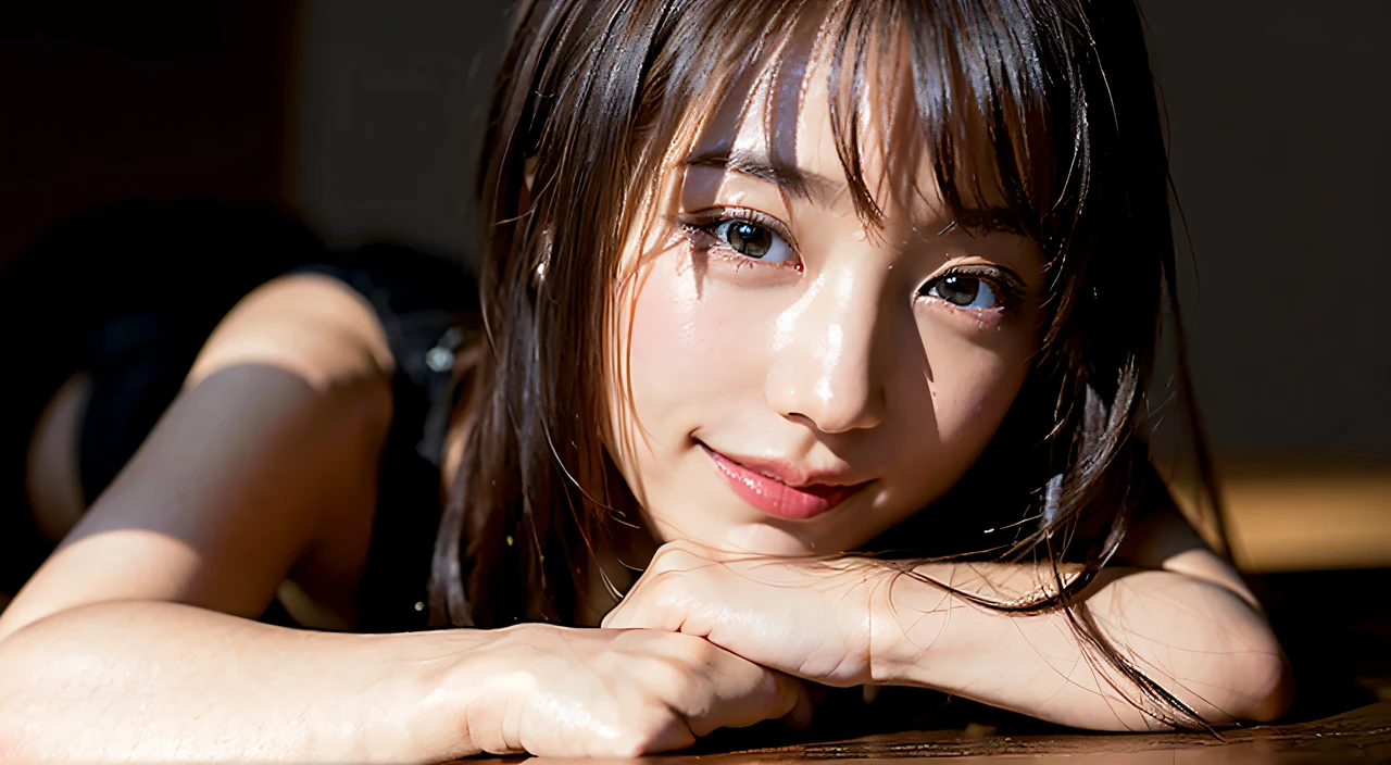 (8K, RAW photo, highest quality, masterpiece:1.2), (realistic, photo-realistic:1.37), Super detailed, ultra high resolution,1 girl,looking at the viewer,beautiful detailed face,smile,narrow,(slim waist:1.3),shirt, beautiful and smooth skin, skin texture, floating hair,professional lighting,beautiful nipples,