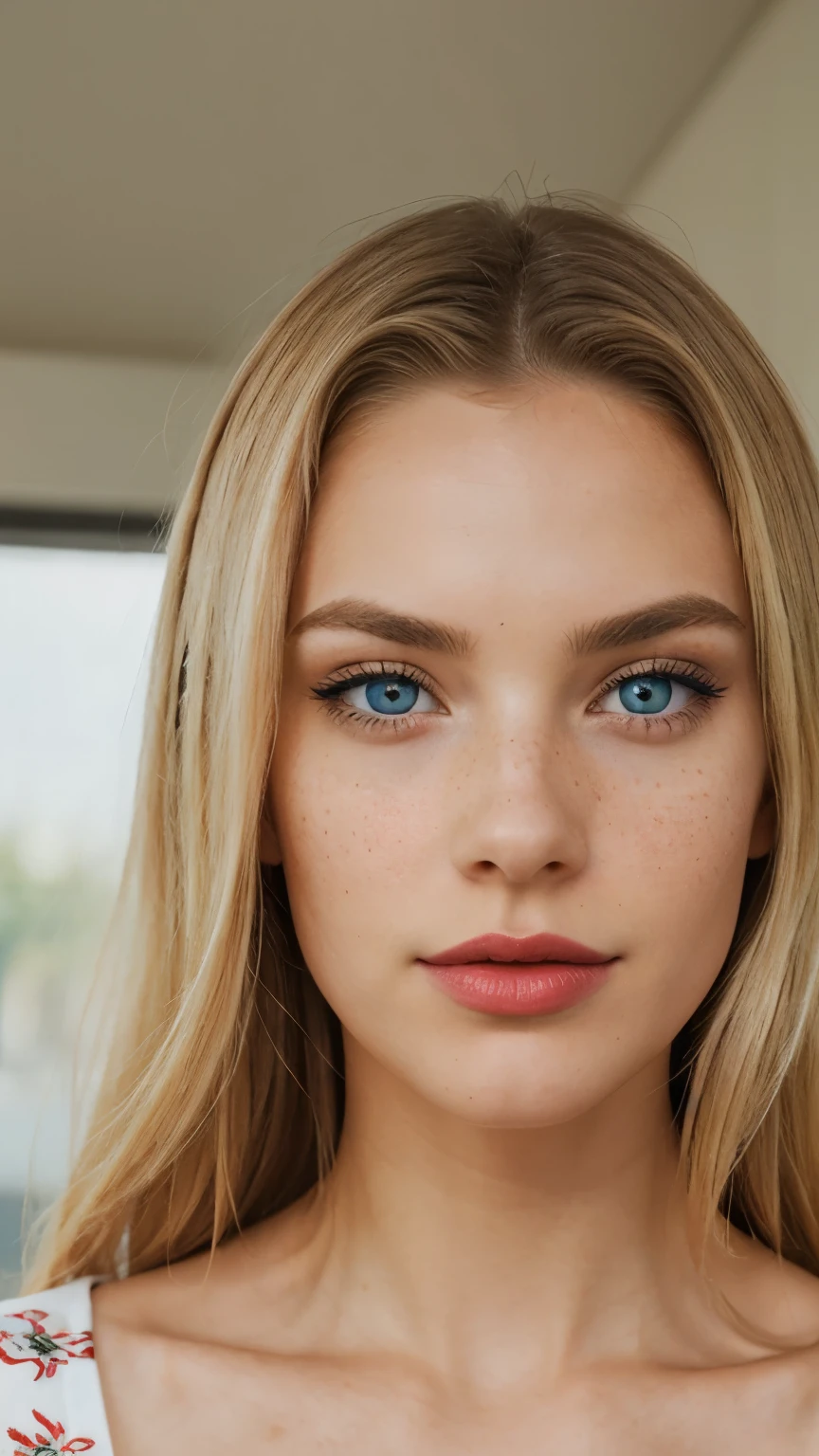 Beautiful skinny girl, elongated face and thin chin, freckles, blonde, blue eyes, red lipstick, beautiful makeup, white skin, beautiful patterned top , just face