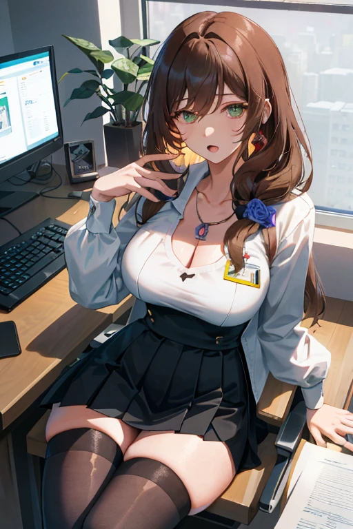 Lisa, genshin impact, 1 girl, alone, ((white shirt)), black Thighhighs, big boobs, cleavage, uniform, office background, black skirt, pleated skirt, office, hair between eyes, messy hair, large chest, long hair, looking at the viewer, brown hair, red short nails, green eyes, alone, Thighhighs, thick thighs, very long hair, ((masterpiece)), sitting, Chair, machine, computer on machine, name tag, id tag, indoor, Scary, open your mouth, Close ~ eyes