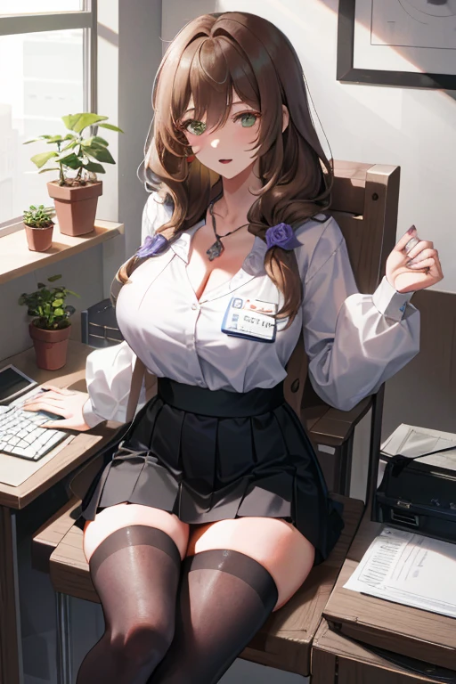 Lisa, genshin impact, 1 girl, alone, ((white shirt)), black Thighhighs, big boobs, cleavage, uniform, office background, black skirt, pleated skirt, office, hair between eyes, messy hair, large chest, long hair, looking at the viewer, brown hair, red short nails, green eyes, alone, Thighhighs, thick thighs, very long hair, ((masterpiece)), sitting, Chair, machine, computer on machine, name tag, id tag, indoor, Scary, open your mouth, Close ~ eyes
