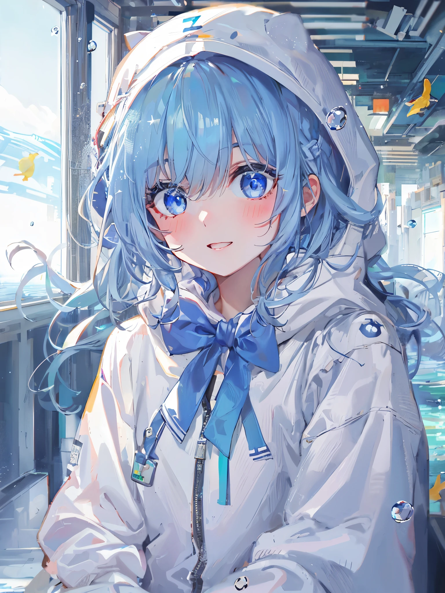 ((highest quality)), ((masterpiece)), ((Super detailed)), (extremely delicate and beautiful), girl, Report, cold attitude,((White hoodie)),彼女はandても(relax)and(calm down)I can see,Depth of bounds written,evil smile,Bubble, in water, air bubble,Underwater world bright light blue eyes,明るい白髪and水色の先端を持つインナーカラー,,,,,,,,,,,,,,,,,,,,,,,cold background,Bob Hair - Linear Art, shorts、knee high socks、white uniform that looks like a school uniform、light blue ribbon tie、clothes are transparent、The hand in my right pocket is like a sapphire,Fronresse Blue, A small blue light was floating、fantastic eyes、Self snap,self shot、bangs fall into the eye, give a sexy impression.