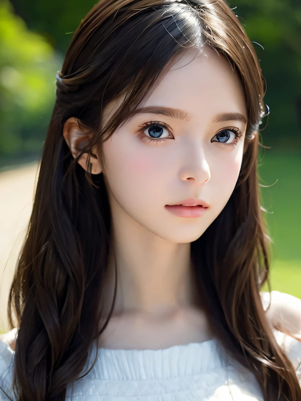 Close-up portrait of a woman wearing white off-shoulder top dress and earrings, soft portrait shot 8k, nice delicate face, High quality 4K portraits, high quality portrait, soft and perfect white skin, 8k highly detailed face, beautiful and delicate face, beautiful light big eyes, beautiful and realistic face, beautiful young woman, beautiful and realistic face, cute young woman