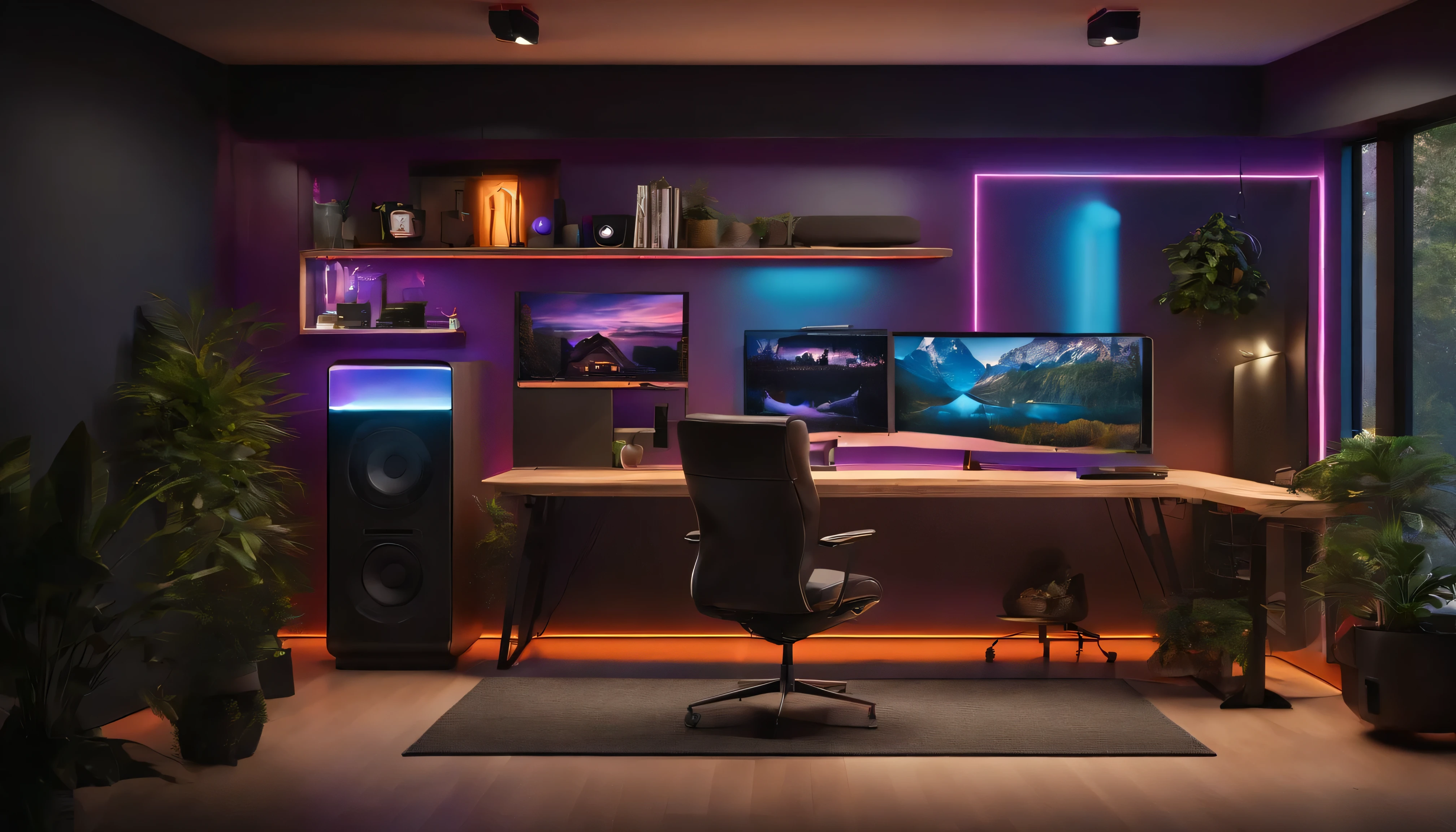 Design a dynamic content creator's studio with vibrant RGB lighting and additional ambient accents. Integrate a stylish wooden showcase displaying tech gadgets, awards, and personal items. Include a dedicated podcast setup with professional equipment and emphasize a sleek, productive workspace. Enhance the aesthetic with decorative elements like wall art, plants, and accessories for a visually captivating and multifunctional space.