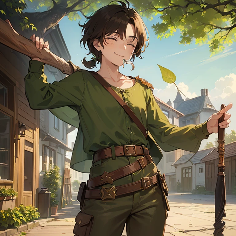 ((1 man, messy brown hair, green eyes)),((with an open green blouse, ripped brown pants)),((with a belt, with shit)),((holding a wooden wizard's staff )),((with one eye closed and with a leaf in his mouth, with a smile)), standing on a medieval street during the day