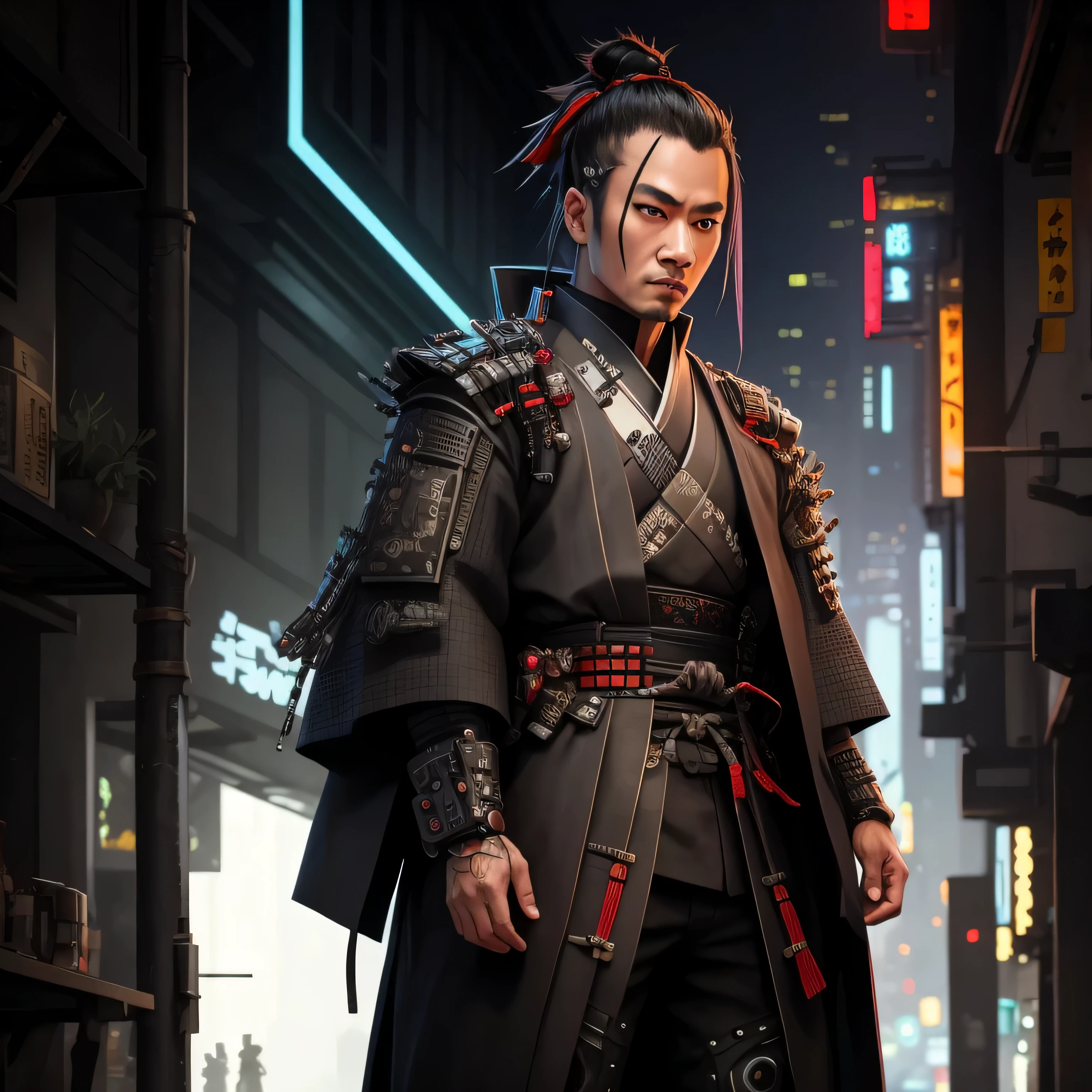 a full body up of a male cybernetic samurai, image size 1:1, cyberpunk samurai, cyberpunk angry looking cybernetic samurai, cyberpunk samurai, cyberpunk geisha, hyper-realistic cyberpunk style, portrait of a cyberpunk samurai, cyberpunk horror style, cyberpunk cyborg wasp, advanced digital cyberpunk art, cyberpunk art ultrarealistic 8k, cyberpunk robotic, portrait of a cyborg samurai  