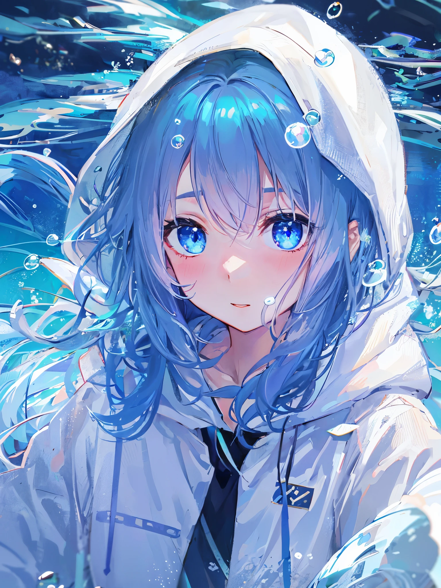 ((highest quality)), ((masterpiece)), ((Super detailed)), (extremely delicate and beautiful), girl, solo, cold attitude,((White hoodie)),彼女はandても(relax)and(calm down)I can see,Depth of bounds written,evil smile,Bubble, in water, air bubble,Underwater world bright light blue eyes,明るい白髪and水色の先端を持つインナーカラー,,,,,,,,,,,,,,,,,,,,,cold background,Bob Hair - Linear Art, shorts、knee high socks、white uniform that looks like a school uniform、light blue ribbon tie、clothes are transparent、The hand in my right pocket is like a sapphire,Fronresse Blue, A small blue light was floating、fantastic eyes、Self snap,self shot