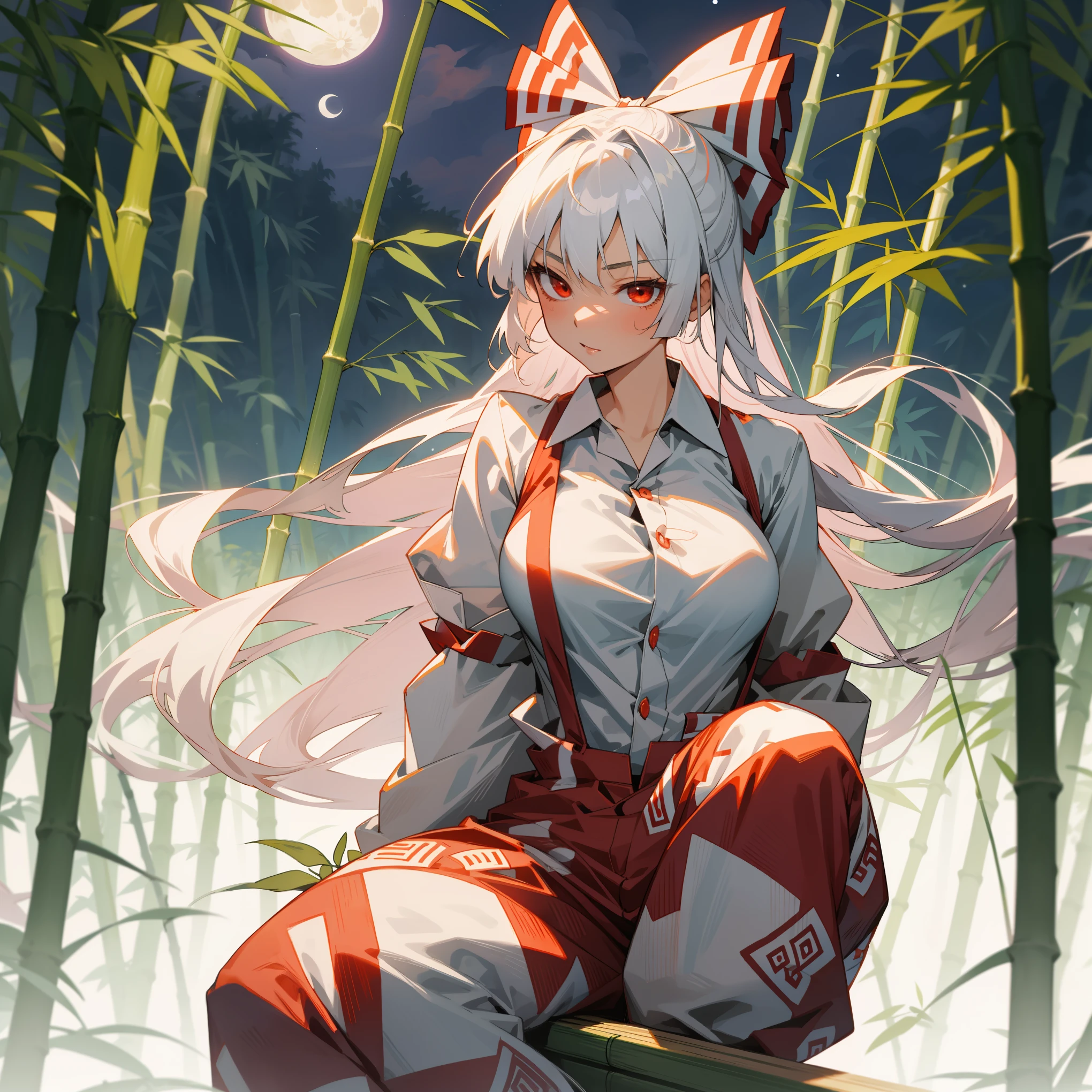Fujiwara no Mokou(from Touhou) in bamboo forest. She has big tits. She has white hair, red eyes. She's wearing a white shirt, sit, night, hair ribbons, moon, perfect anatomy, moon