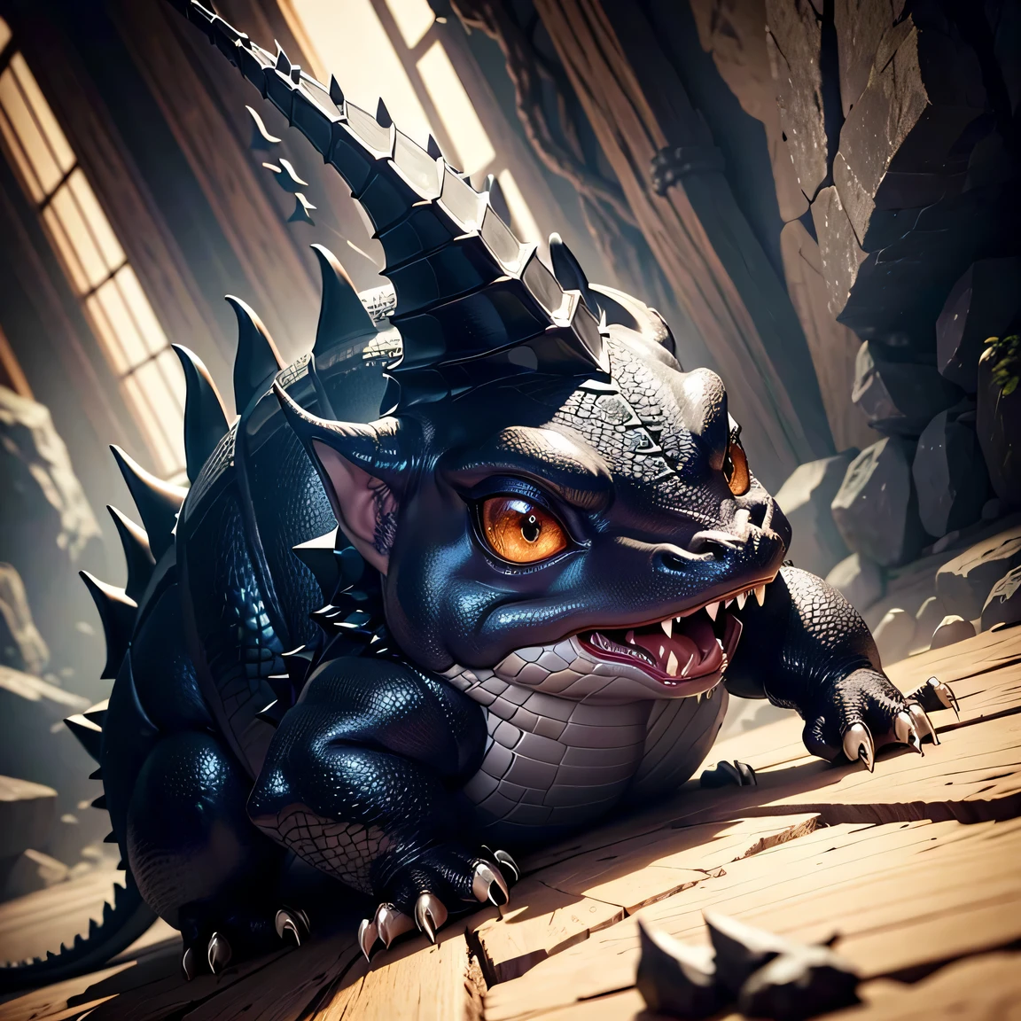 legendary dragon、western dragon、animal、Male Dragon、Quadruped Pose、dog-like body shape、Sideways face、whole body of dragon、small head、Large fuselage、jet black scales、Full body scale、The abdomen is covered with scales、Deer-like horns、Legendary creatures、fine eyes、Sideways face、thick and short legs、short thighs、animalのような前足、animalのような後ろ脚、large wings、sharp nails、detailed scale、crocodile-like scales、shiny scales、thick tongue、open your mouth wide、lots of drool、thick and long tail、inside a dark cave、Composition looking down from above、Composition showing head to toe、obese torso