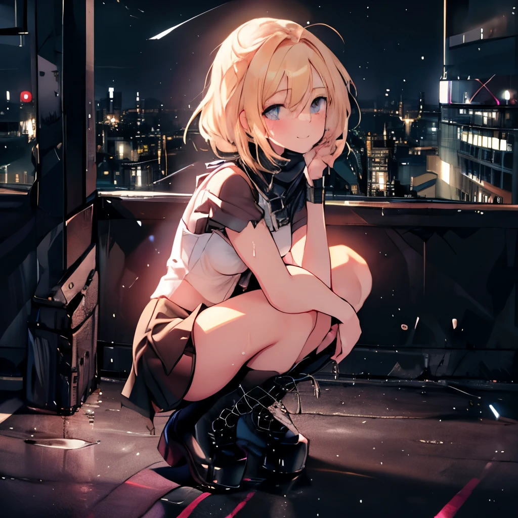 8K　4K　Beautiful images　masterpiece　Super high quality　wallpaper　beautiful girl　Beautiful blonde girl　I&#39;m squatting down in the street and my panties are showing.　boots　mini skirt　big breasts　smile　blush　cute　super beautiful　ultra high resolution　Sweat　one person　1 girl　solo　night　gal　ＪＫ　neon street