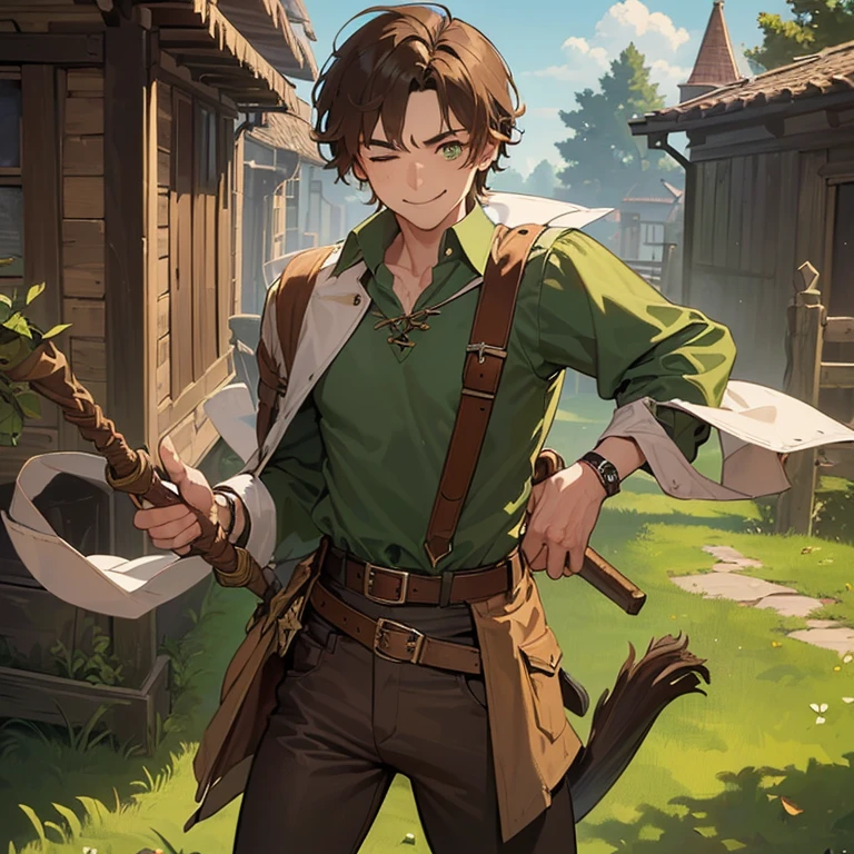 ((1 man, messy brown hair, green eyes)),((with an open green blouse, ripped brown pants)),((with a belt, with shit)),((holding a wooden wizard's staff )),((with one eye closed and with a leaf in his mouth, with a smile)), standing on a medieval street during the day