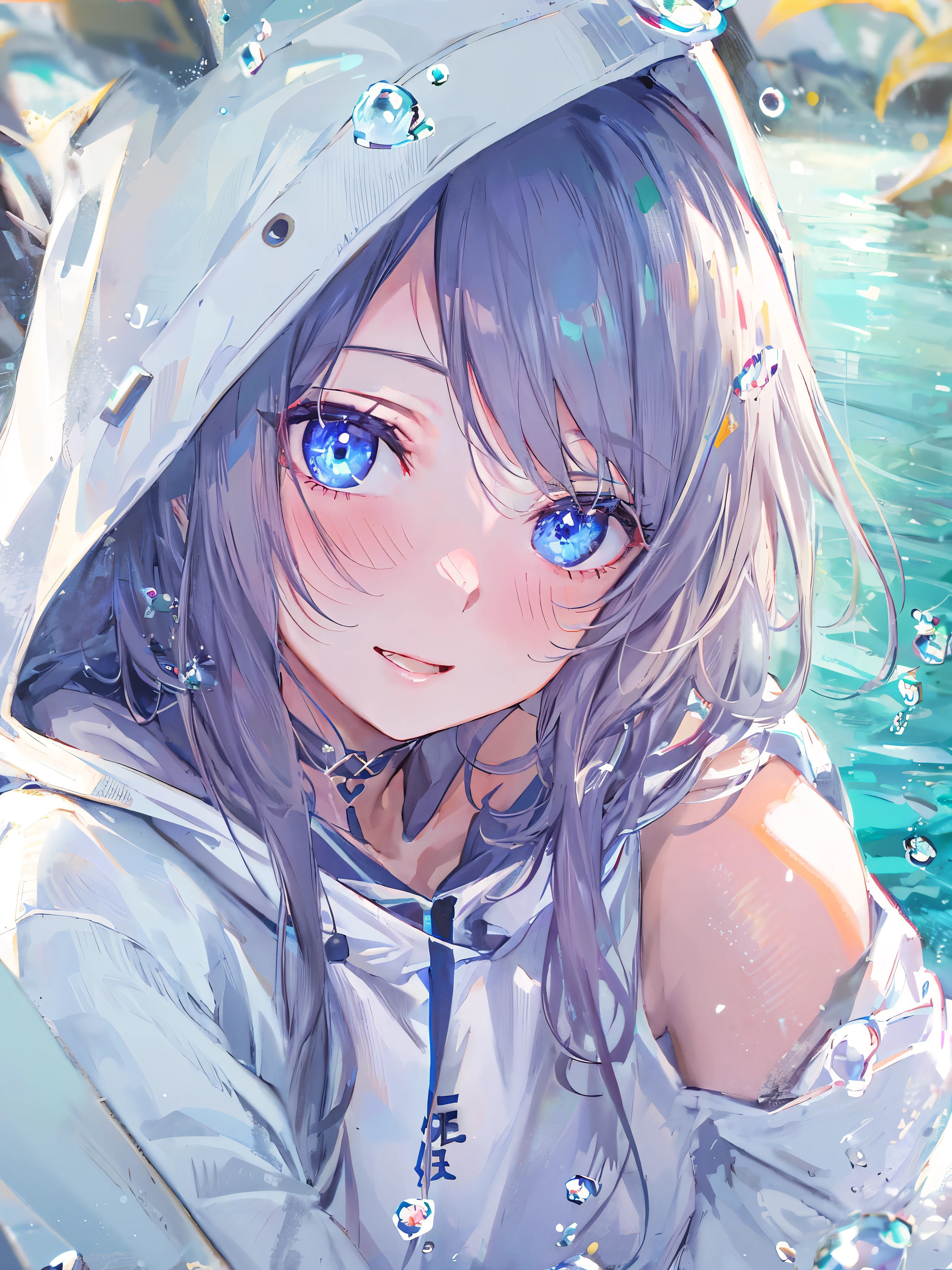((highest quality)), ((masterpiece)), ((Super detailed)), (extremely delicate and beautiful), girl, alone, cold attitude,((white hoodie)),彼女はandても(relax)and(Calm down)I look,written boundary depth,evil smile,bubble, underwater, エアbubble,Underwater world bright light blue eyes,明るい白髪and水色の先端を持つインナーカラー,,,,,,,,,,,,,,,,,,,,,,cold background,Bob Hair - Linear Art, shorts、knee high socks、White uniform like school uniform、light blue ribbon tie、Clothes are sheer、The hand in my right pocket is like a sapphire,Fronresse Blue, A small blue light was floating、Amazing eyes、self snap,self shot