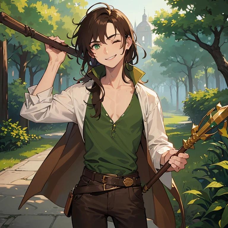 ((1 man, messy brown hair, green eyes)),((with an open green blouse, ripped brown pants)),((with a belt, with shit)),((holding a wooden wizard's staff )),((with one eye closed and with a leaf in his mouth, with a smile)), standing on a medieval street during the day